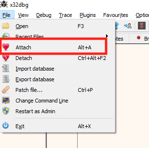 The Attach command in x64dbg