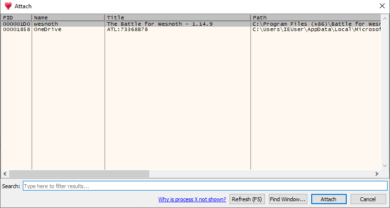 Selecting the Wesnoth process