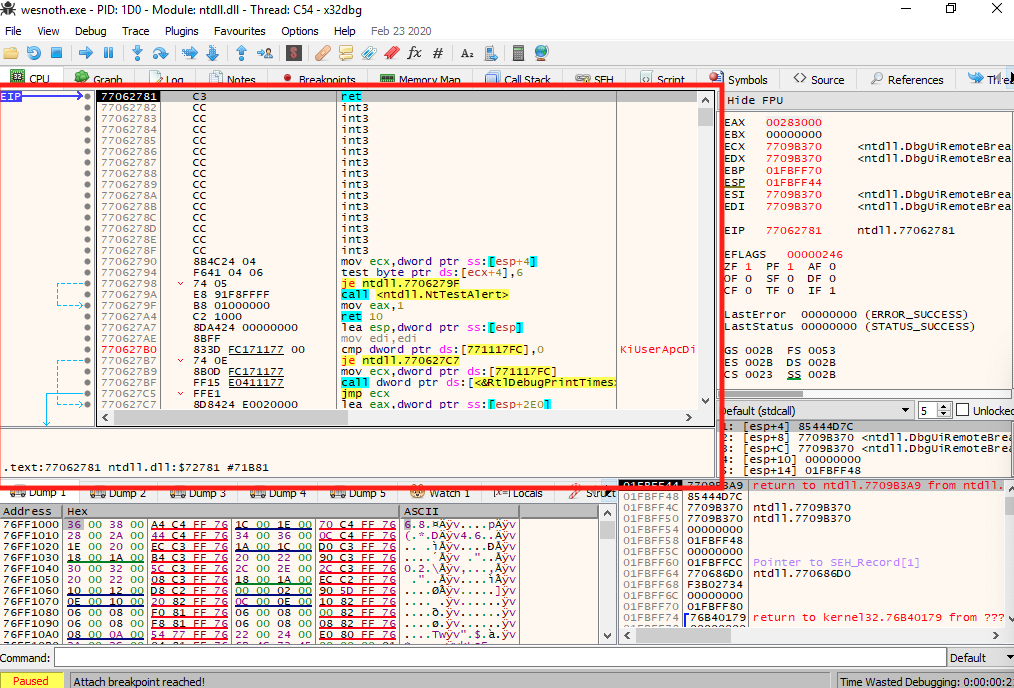 The main x64dbg view