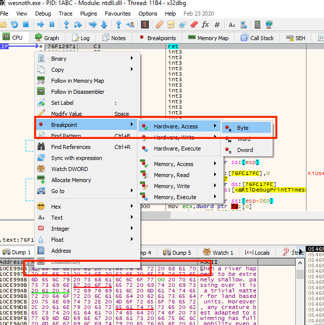 A breakpoint on a text byte