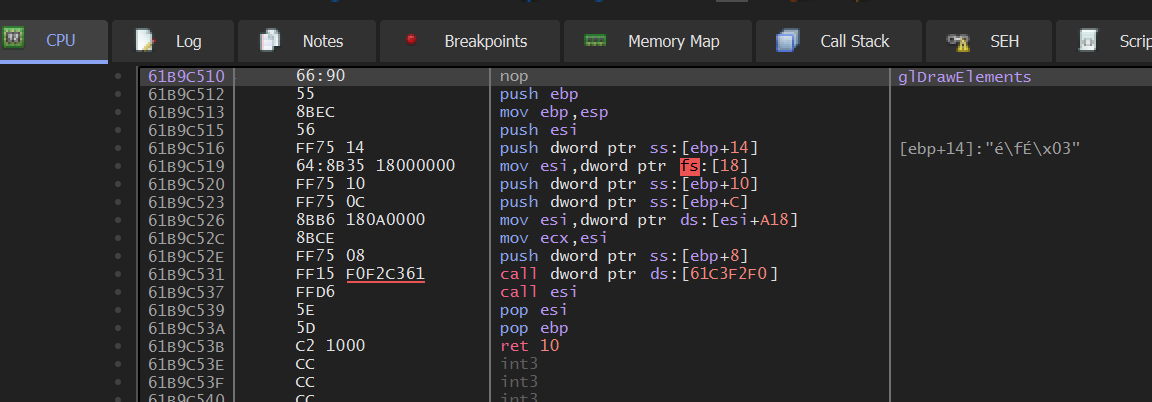 Locating glDrawElements in the debugger