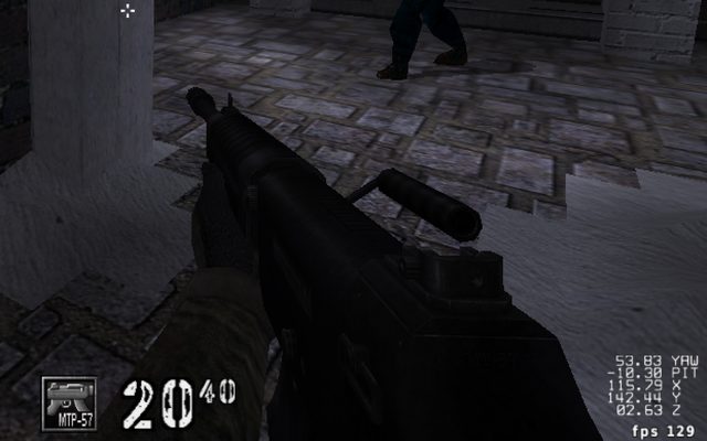 The bottom right of a first-person game's screen: a weapon, an ammunition counter, and in the corner a readout of yaw, pitch, and x, y, and z position above a frame counter that reads 129 fps.