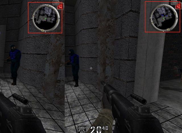 Two screenshots side by side of a first-person game, each with its round minimap outlined in red at the top right.