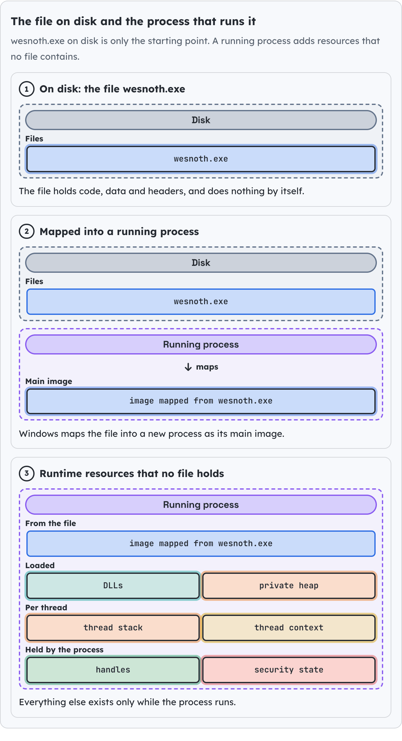 The file on disk and the process that runs it.