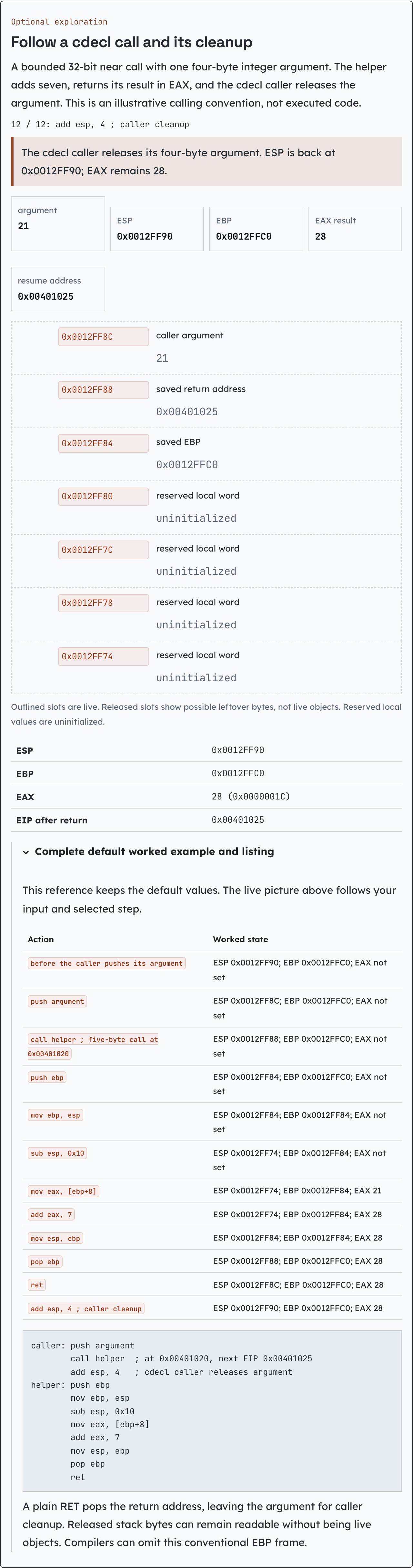 Follow a cdecl call and its cleanup.